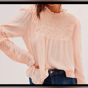FREE PEOPLE Smocked in Time‎ peach Ruffle Neck smocked Blouse Top shirt size XS